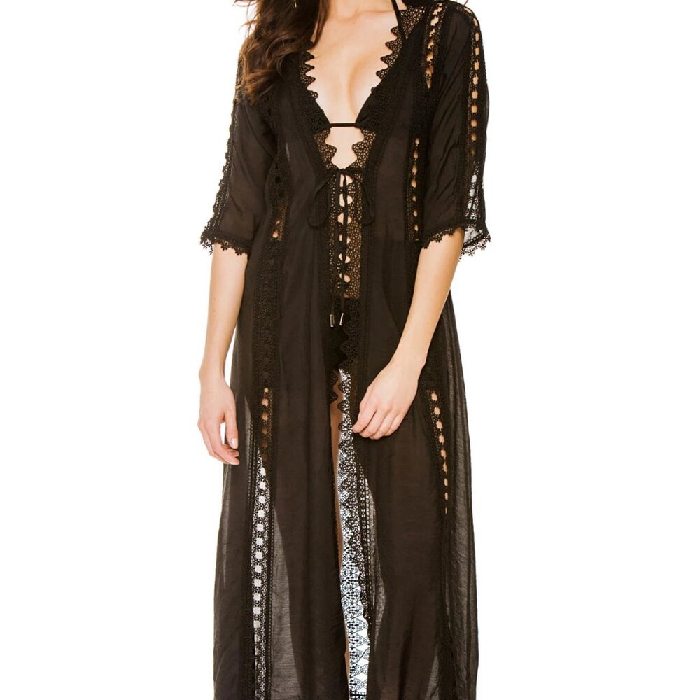 NWOT Elan Black Crochet maxi, , sexy cover-up Kimono SZ MED